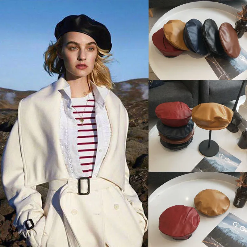 Ladies Year Round Colored Leather Beret Hat
