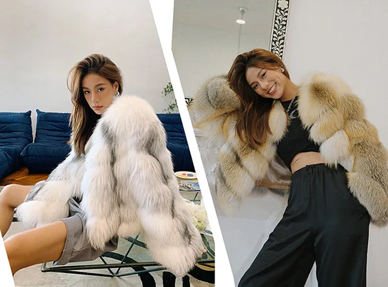 Lady Luxury Fox Fur Coat 2022 New Long Sleeve Fluffy Short Style Overcoat Winter Warm 4904