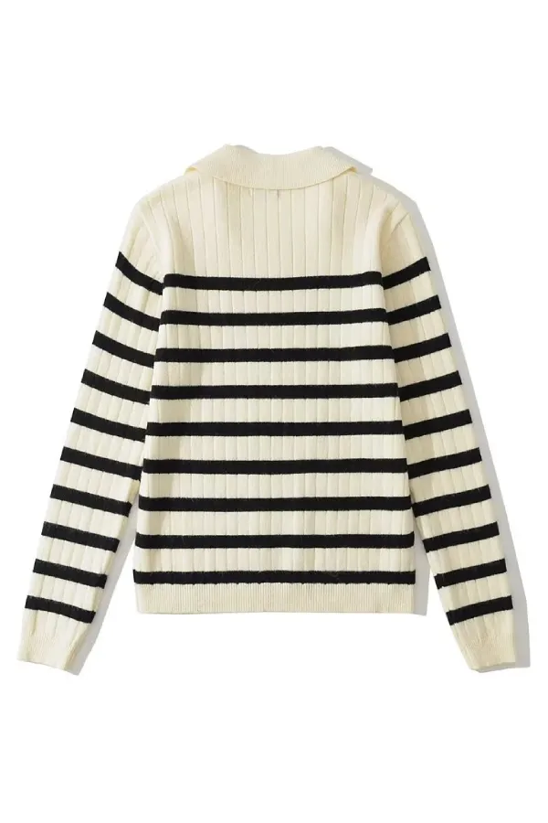 Lapel Loose Casual Striped Knit Sweater
