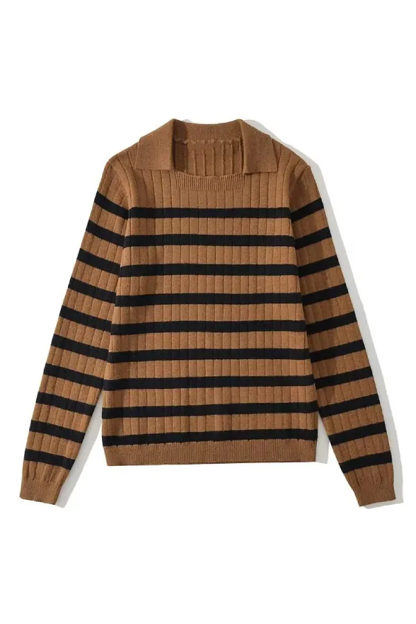 Lapel Loose Casual Striped Knit Sweater
