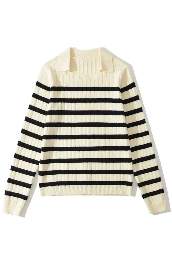 Lapel Loose Casual Striped Knit Sweater