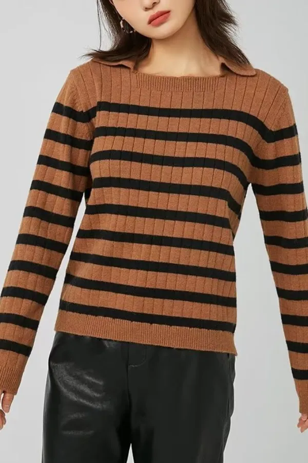 Lapel Loose Casual Striped Knit Sweater
