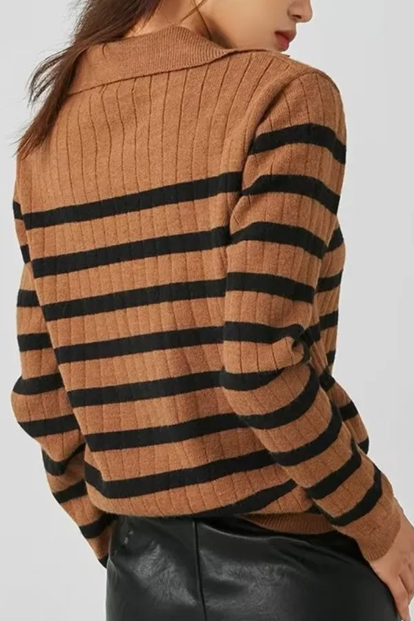 Lapel Loose Casual Striped Knit Sweater
