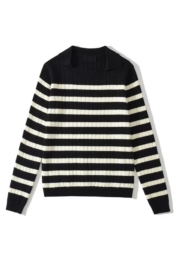 Lapel Loose Casual Striped Knit Sweater