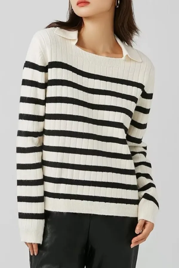 Lapel Loose Casual Striped Knit Sweater