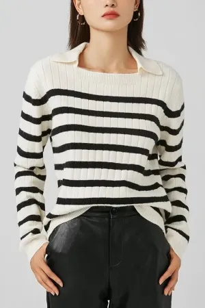Lapel Loose Casual Striped Knit Sweater