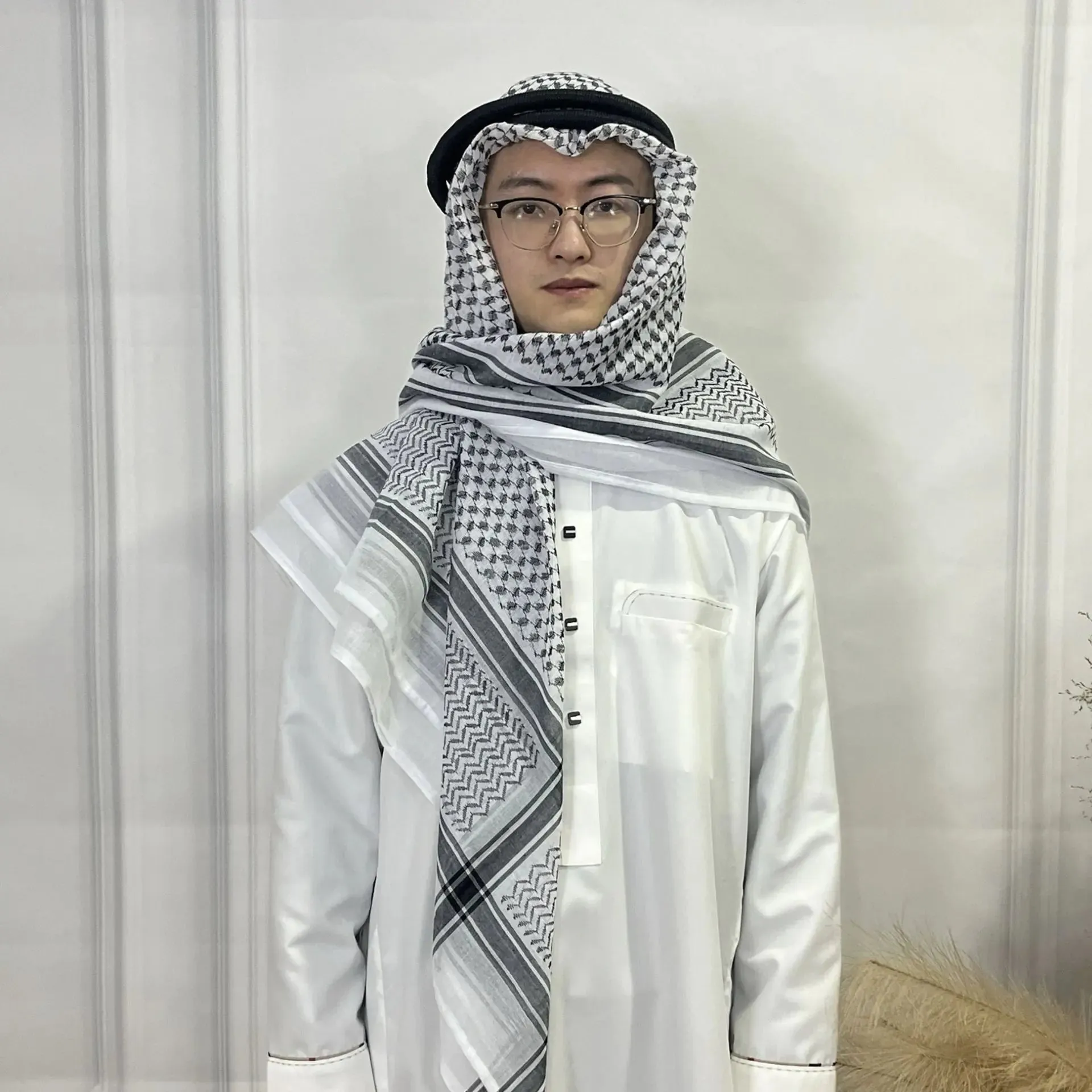 Men's Muslim Headscarf Set with Wave Stripe Design
