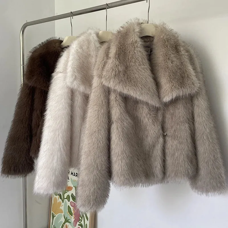 New Fashion Fluffy Fur Coat for Women Luxury Big Fur Collar Faux Fox Fur Jacket
