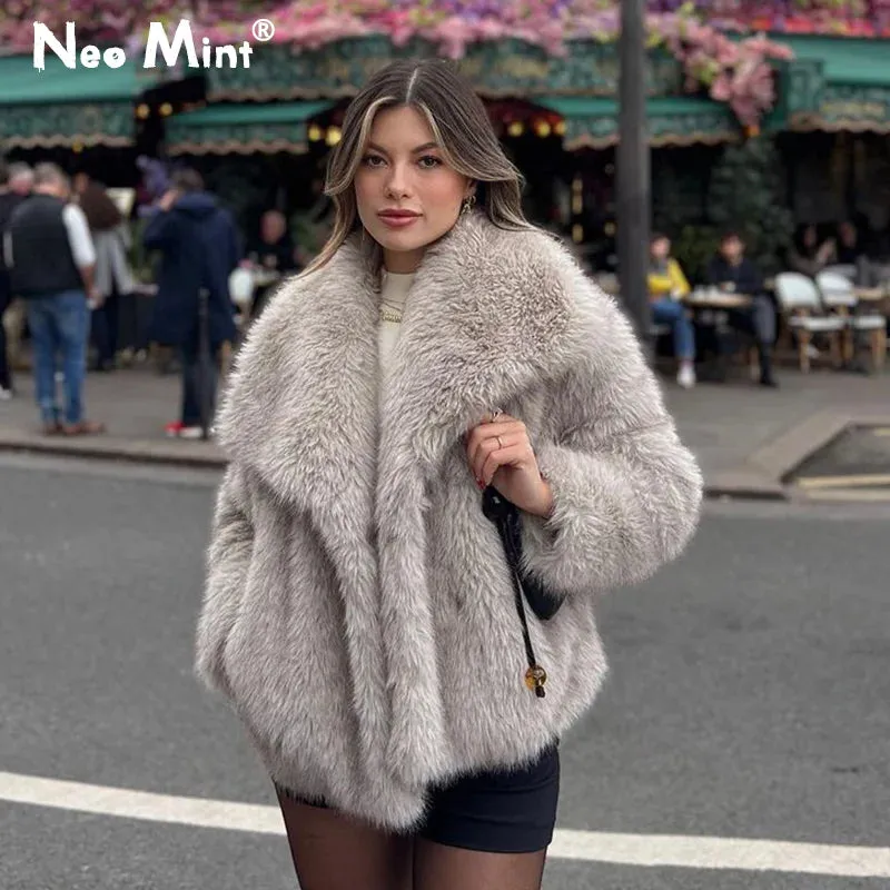 New Fashion Fluffy Fur Coat for Women Luxury Big Fur Collar Faux Fox Fur Jacket