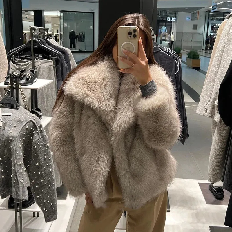 New Fashion Fluffy Fur Coat for Women Luxury Big Fur Collar Faux Fox Fur Jacket