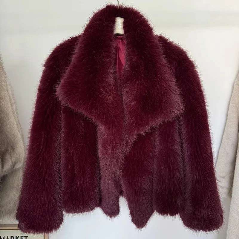 New Fashion Fluffy Fur Coat for Women Luxury Big Fur Collar Faux Fox Fur Jacket