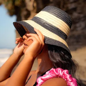 NONA Striped Bucket Straw Hat-Natural/Black