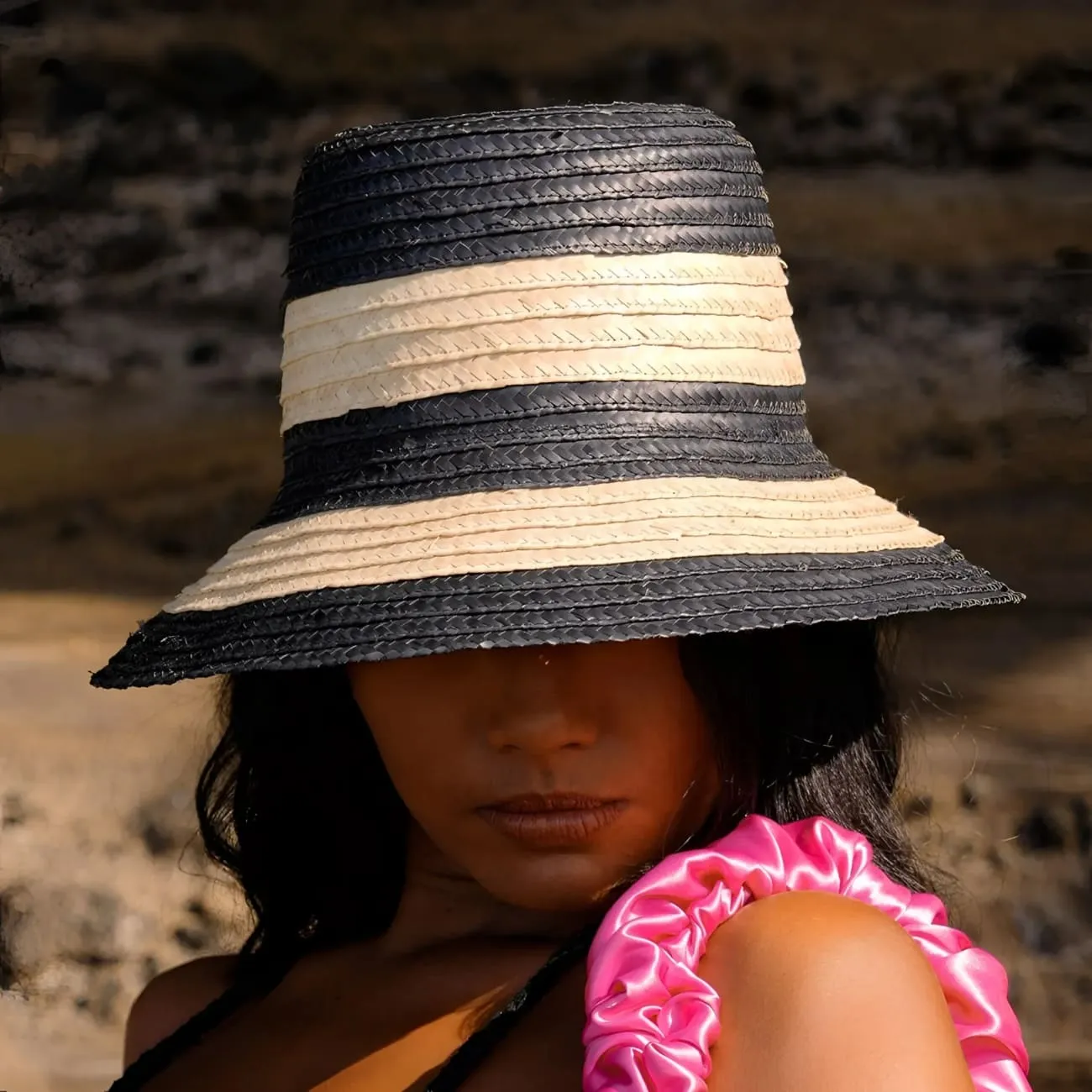 NONA Striped Bucket Straw Hat-Natural/Black