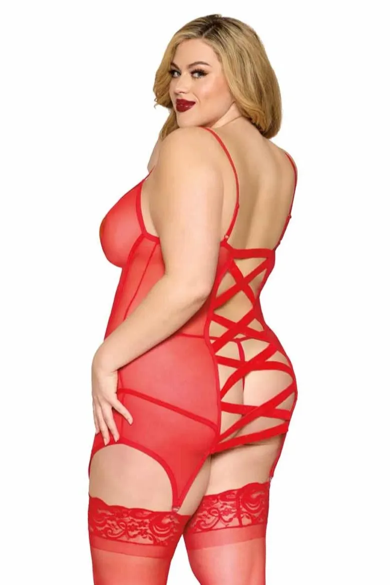 Plus Size Mesh Garter Set with Velvet Accents