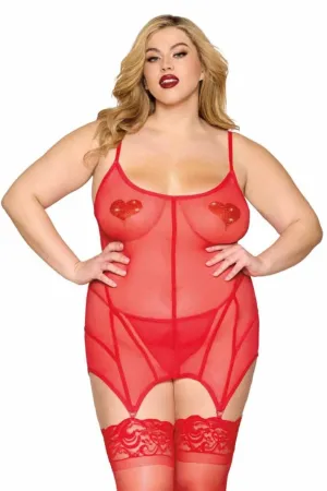 Plus Size Mesh Garter Set with Velvet Accents
