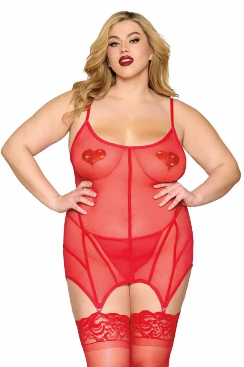 Plus Size Mesh Garter Set with Velvet Accents