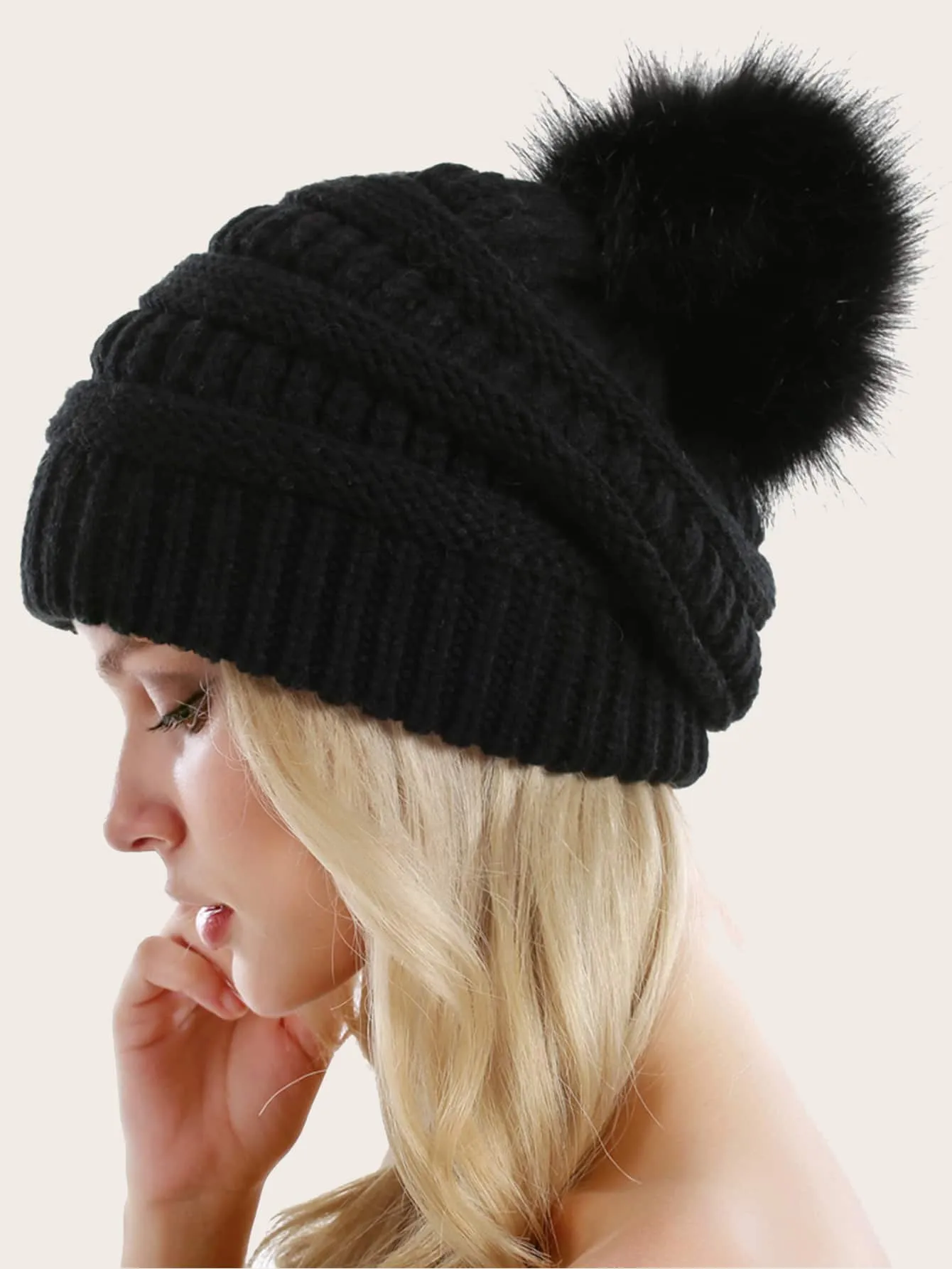 Pom Pom Decor Knit Beanie - Black - FD ⚡