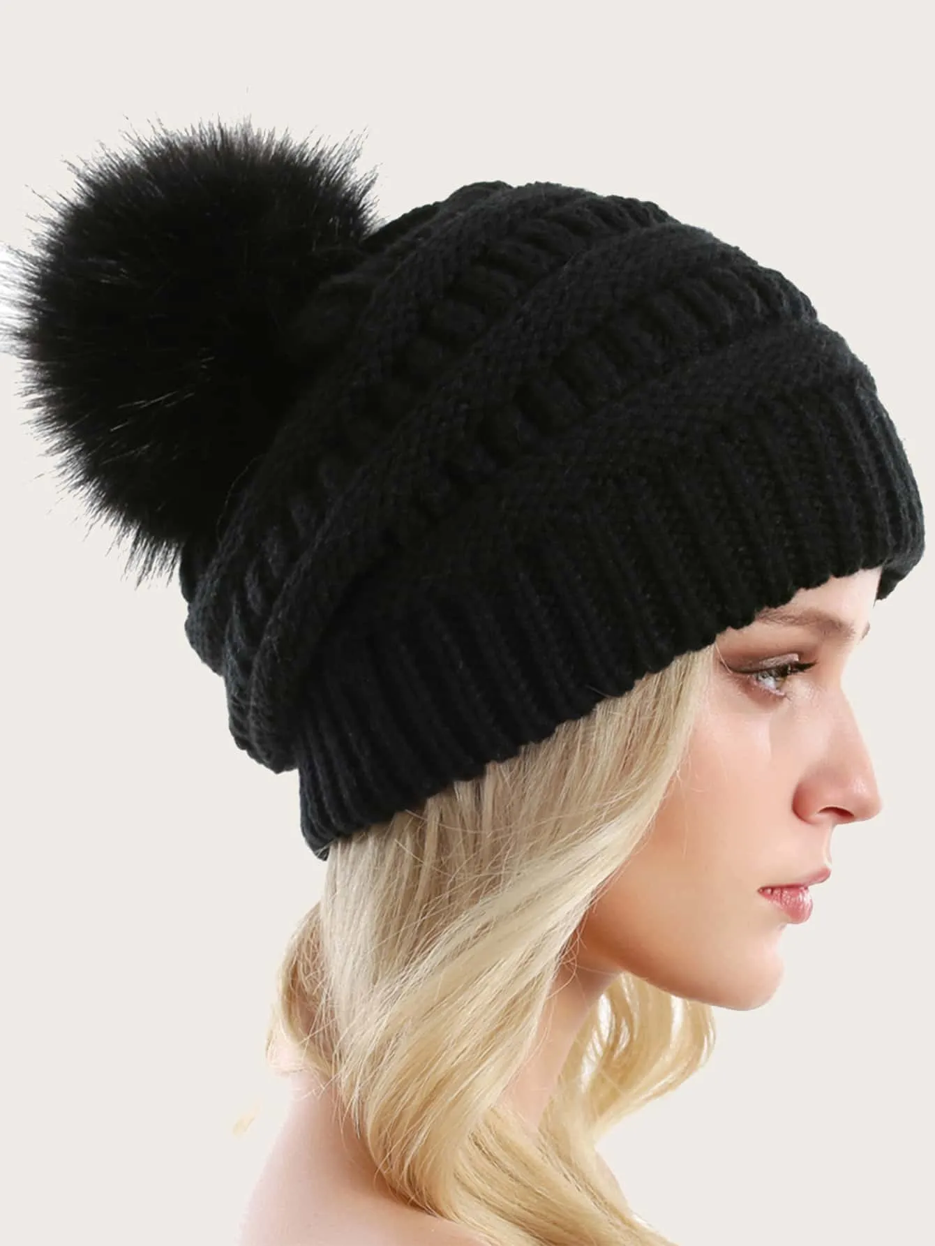Pom Pom Decor Knit Beanie - Black - FD ⚡