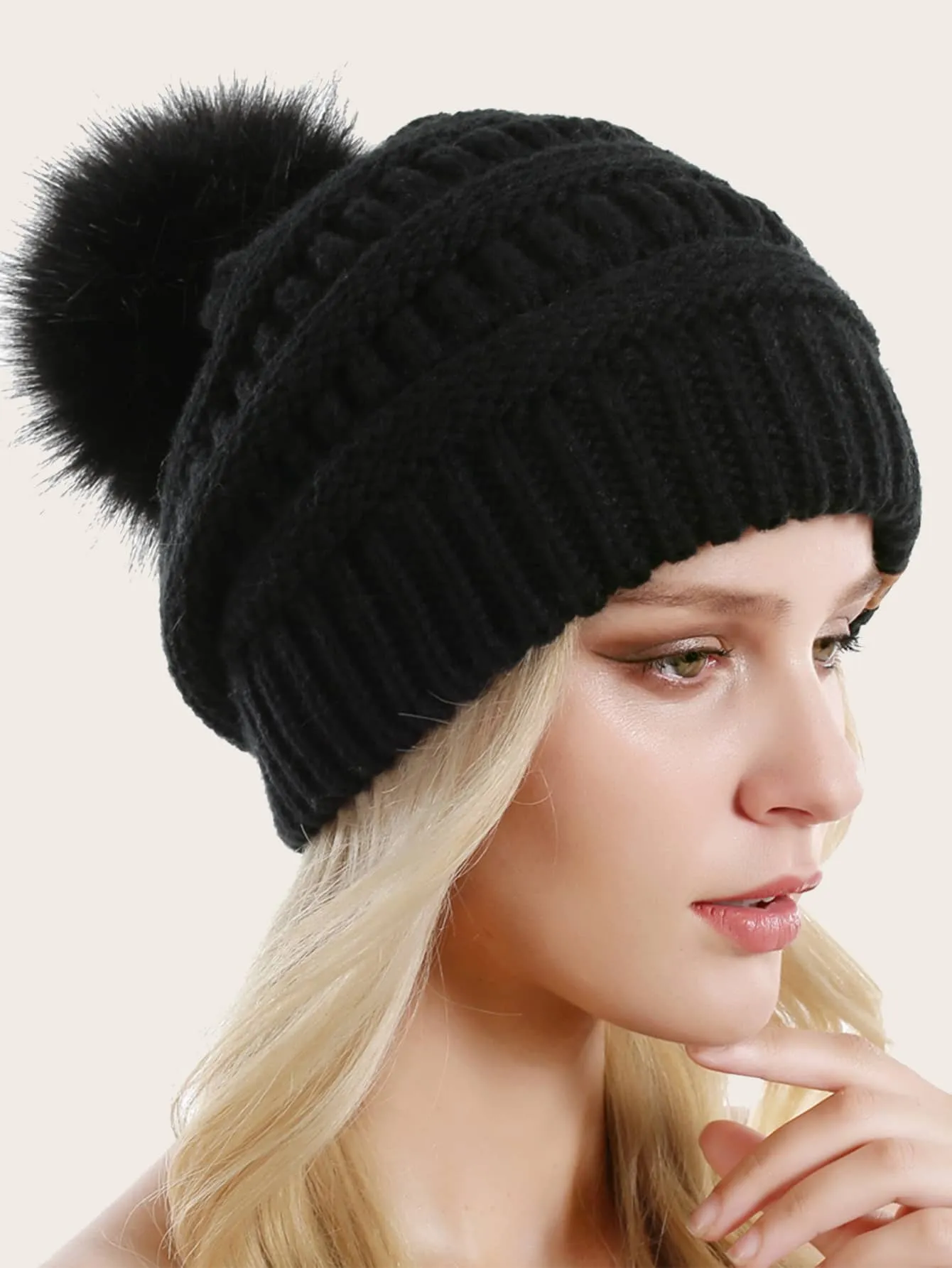 Pom Pom Decor Knit Beanie - Black - FD ⚡