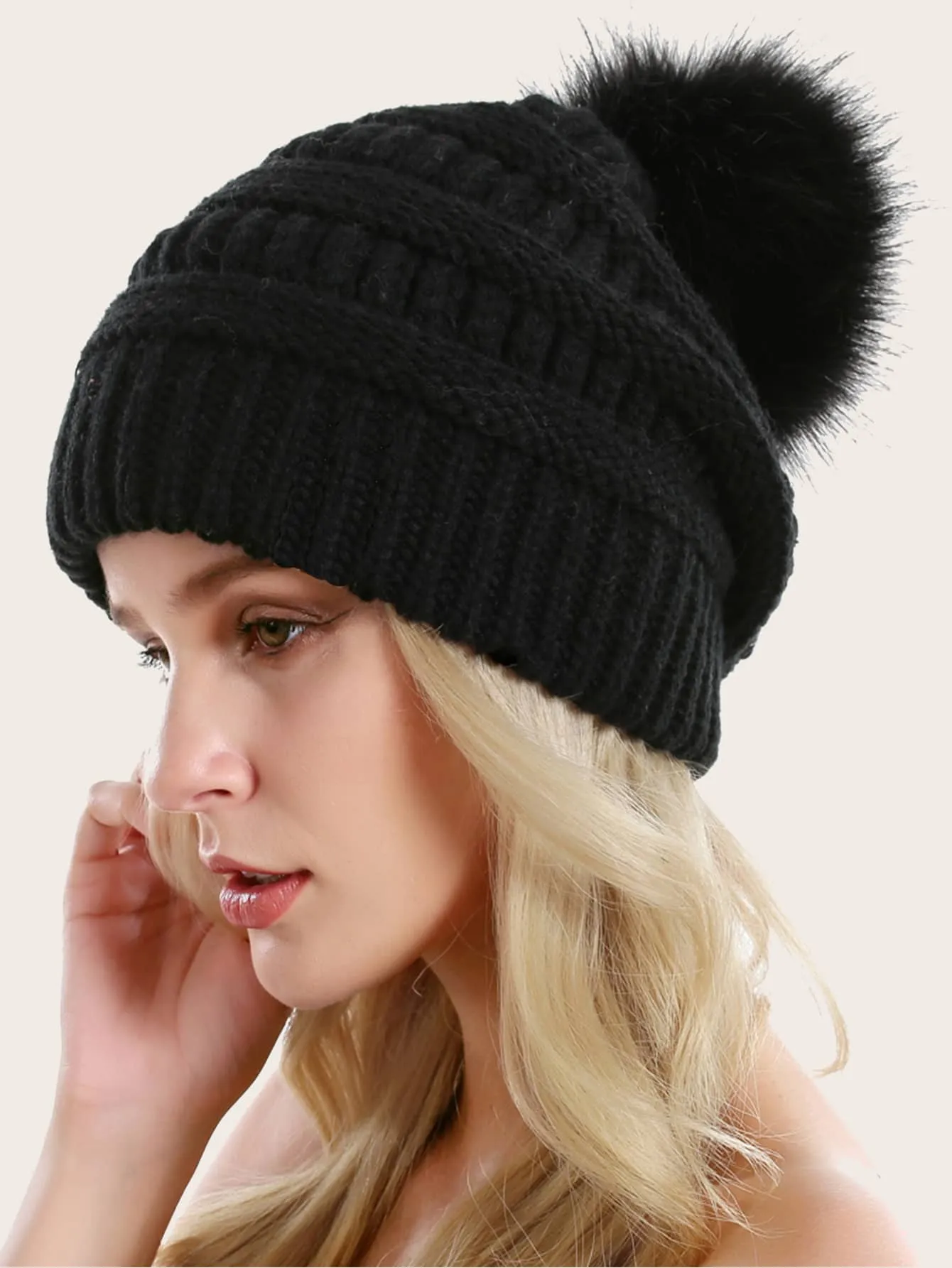 Pom Pom Decor Knit Beanie - Black - FD ⚡