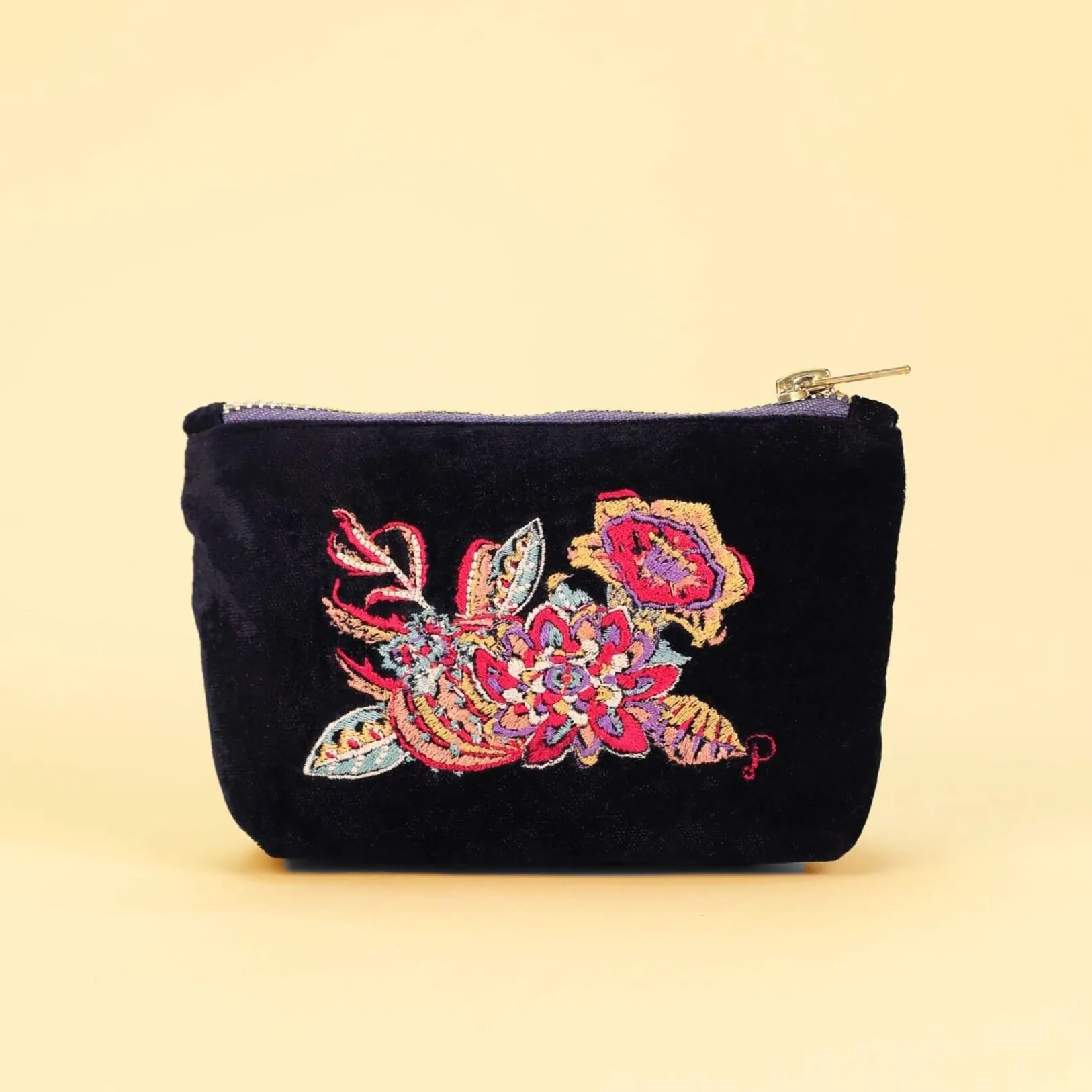 Powder Fantasy Floral Mini Velvet Pouch/Purse - Navy