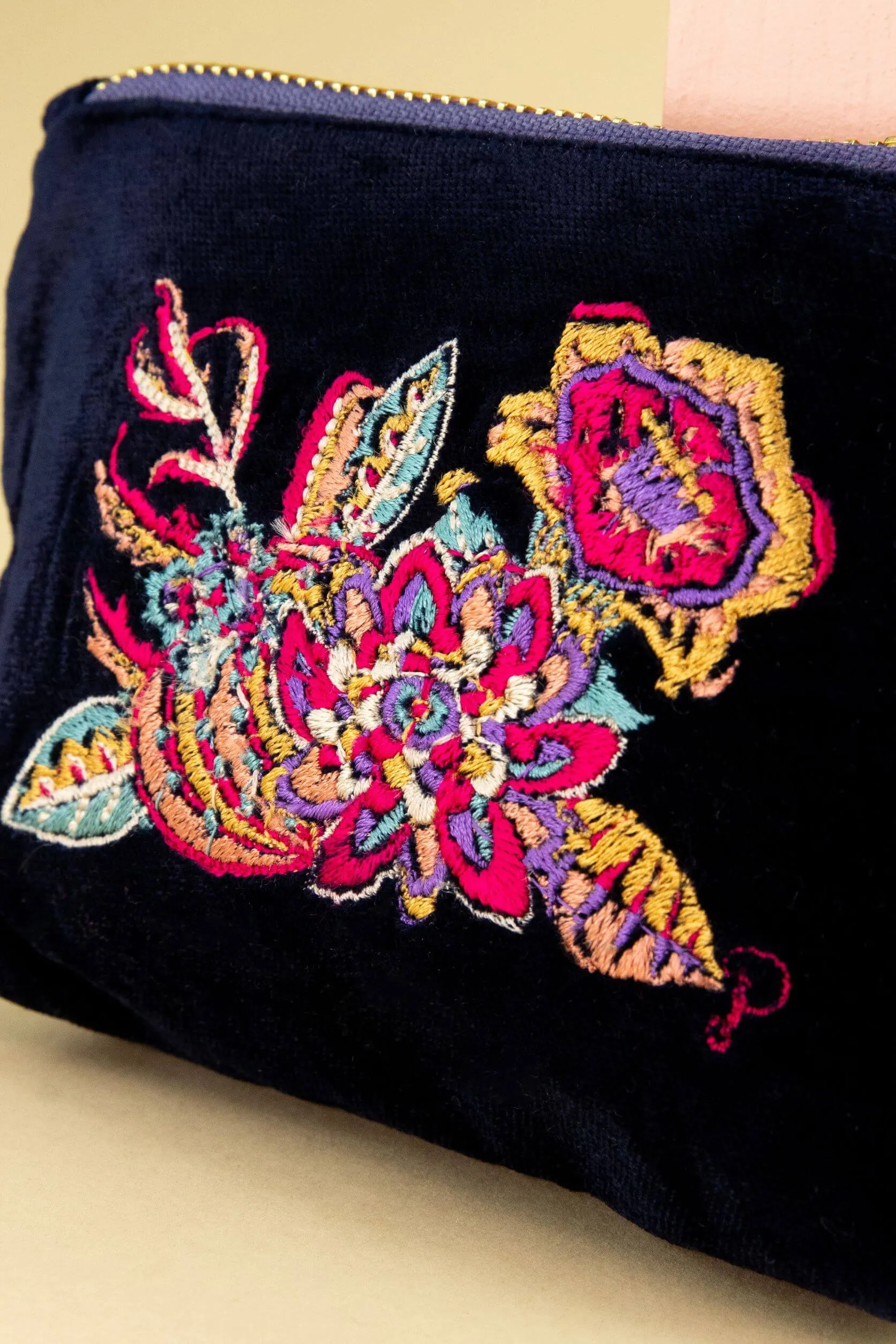 Powder Fantasy Floral Mini Velvet Pouch/Purse - Navy
