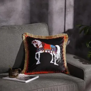Royal White Horse Fringed Black Velvet Throw Cover