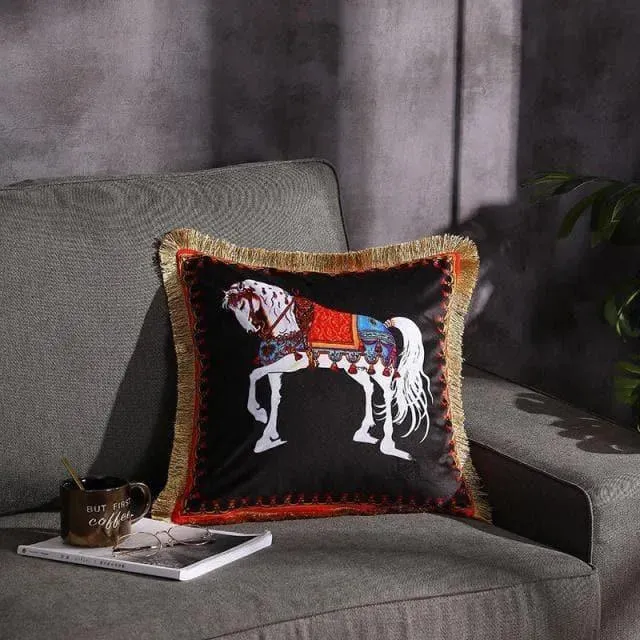 Royal White Horse Fringed Black Velvet Throw Cover