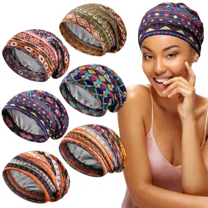 Sintege 6 Pcs Satin Lined Bonnet Sleep Cap for Women Men African Silk Soft Beanie Hair Sleep Wrap for Natural Curly Braids(Vintage Patterns)