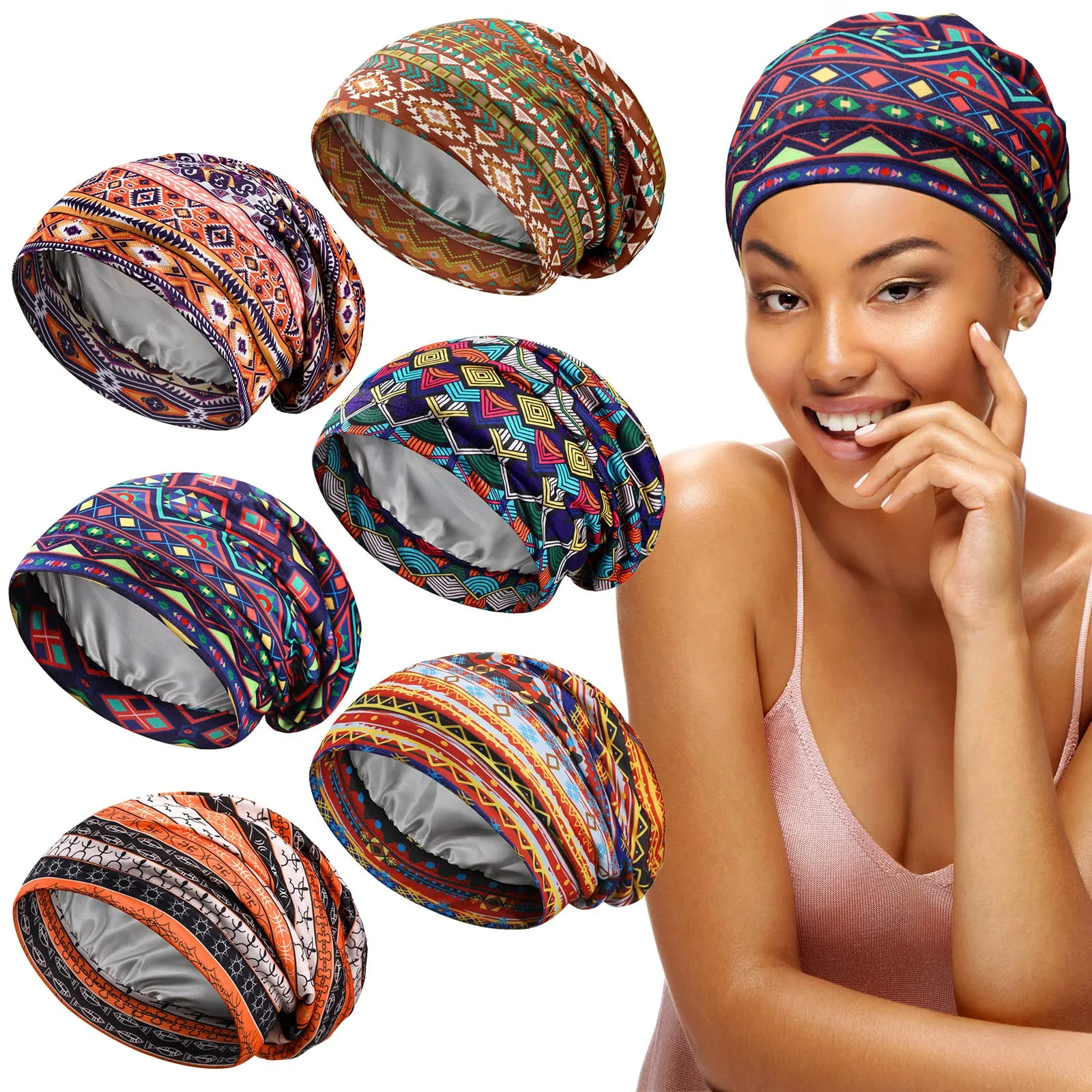 Sintege 6 Pcs Satin Lined Bonnet Sleep Cap for Women Men African Silk Soft Beanie Hair Sleep Wrap for Natural Curly Braids(Vintage Patterns)