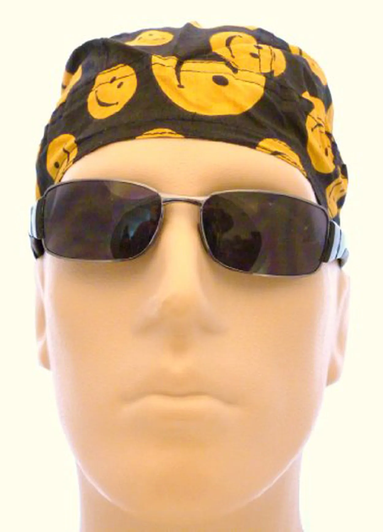 Smiley Face Yellow and Black Happy Headwrap Doo Rag Durag Skull Cap Cotton Sporty Motorcycle Hat
