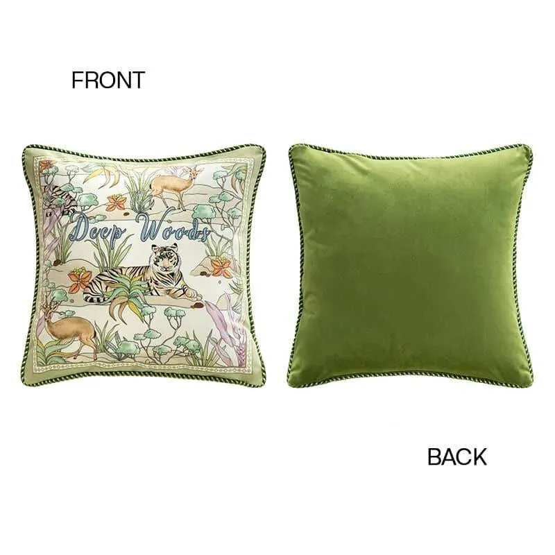 Tropical Tiger and Deers Floral Velvet Pillow Cover