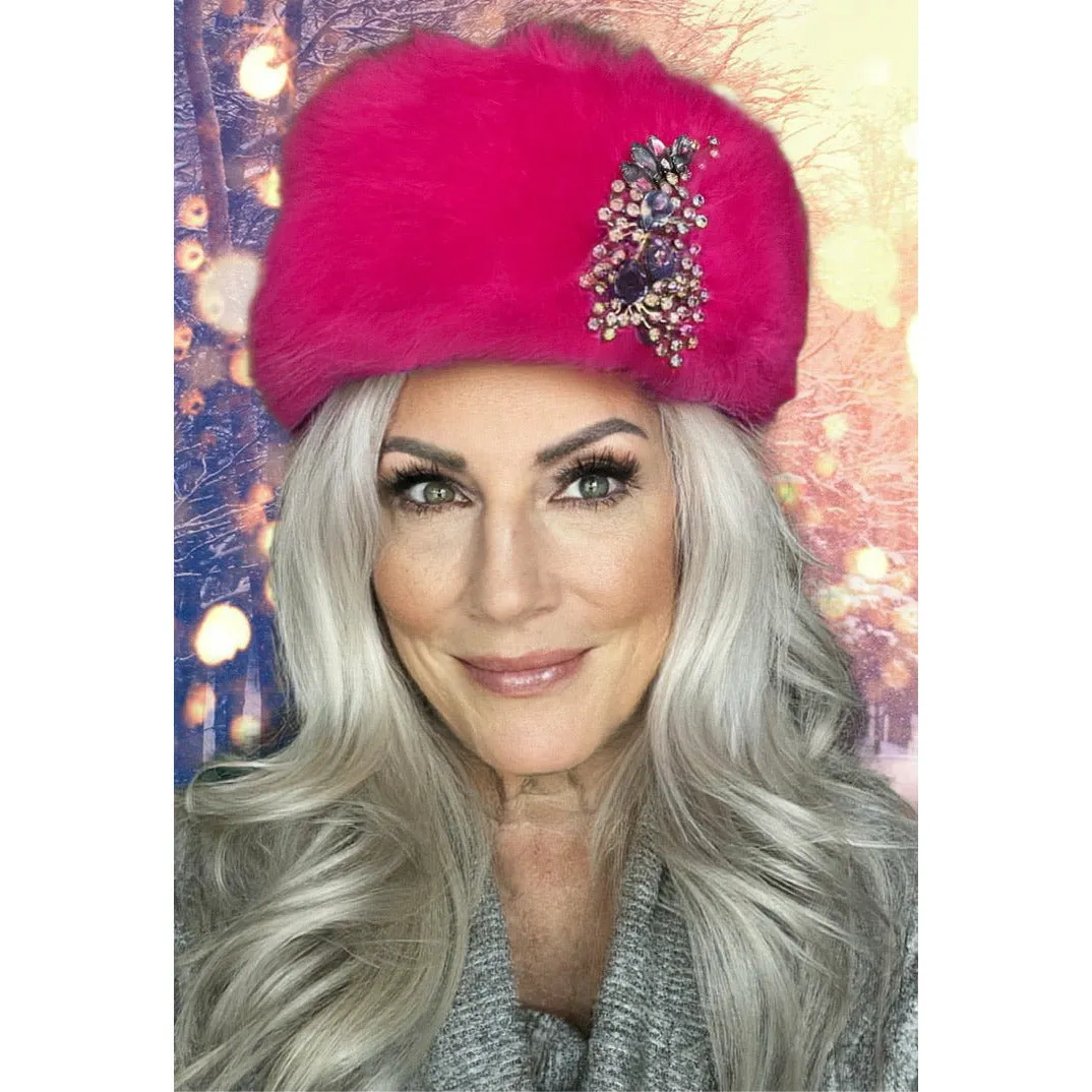 Vintage Mr. Josephs Pillbox Hat Hot Pink Mousse w/ Rhinestones 50s-60s