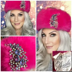 Vintage Mr. Josephs Pillbox Hat Hot Pink Mousse w/ Rhinestones 50s-60s