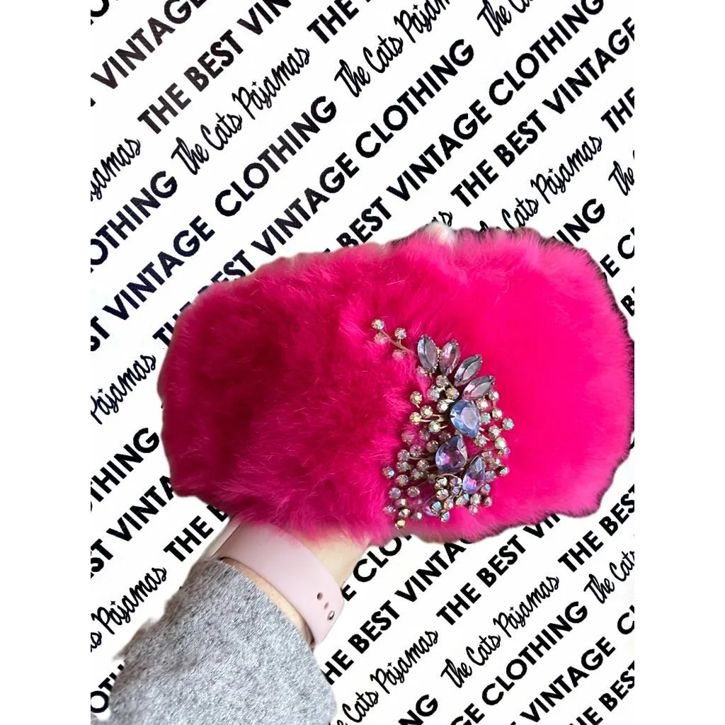 Vintage Mr. Josephs Pillbox Hat Hot Pink Mousse w/ Rhinestones 50s-60s