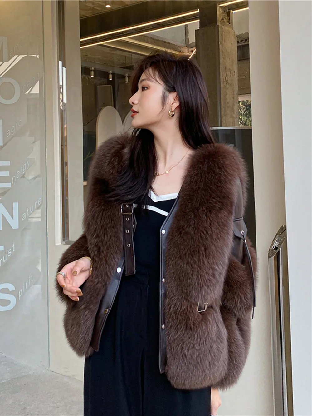 Winter Luxury Women Fox Fur Coats Genuine Sheepskin Leather Jackets