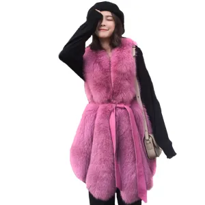 Women Real Fox Fur Vest Belt Luxury Fur Winter Waistcoat Rose Gilet