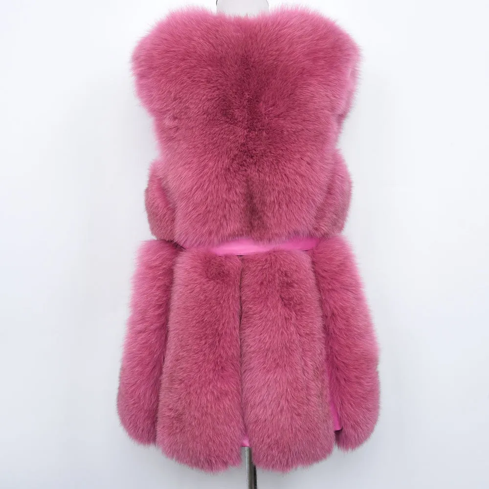 Women Real Fox Fur Vest Belt Luxury Fur Winter Waistcoat Rose Gilet