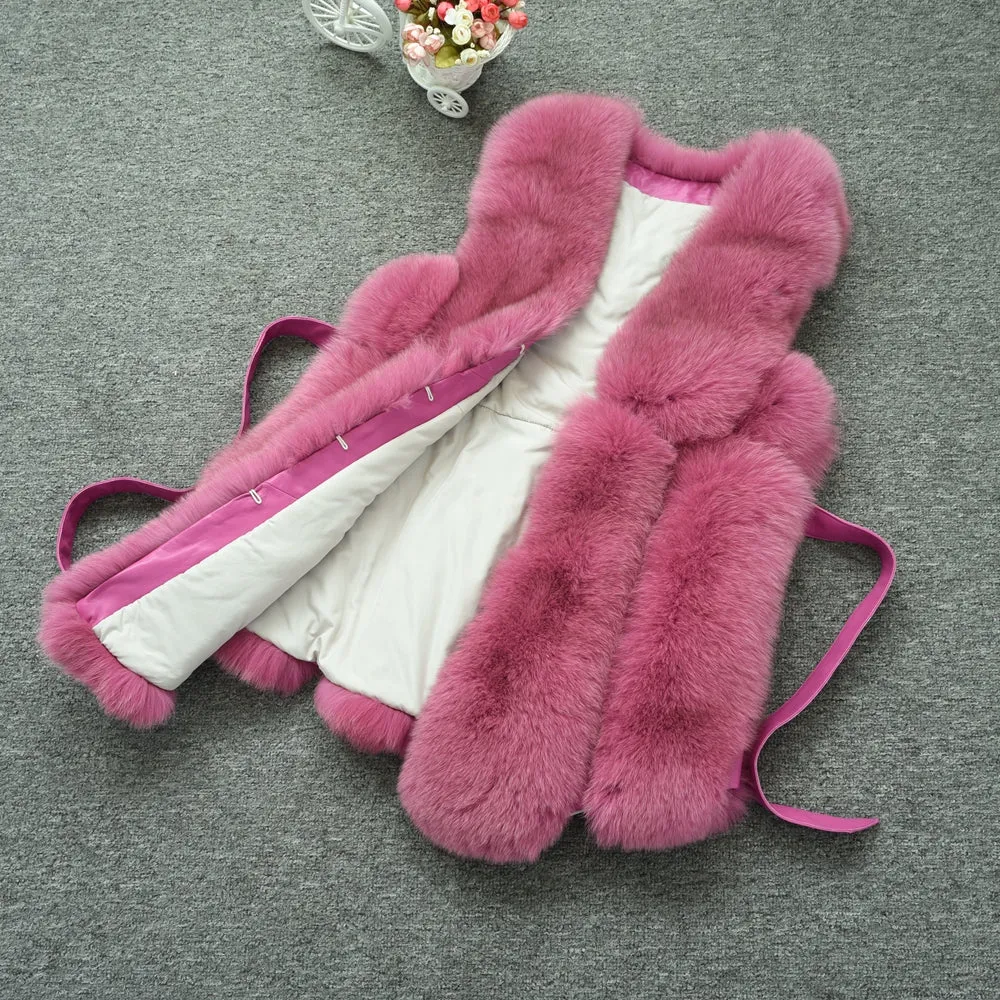 Women Real Fox Fur Vest Belt Luxury Fur Winter Waistcoat Rose Gilet