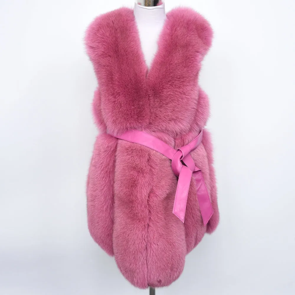 Women Real Fox Fur Vest Belt Luxury Fur Winter Waistcoat Rose Gilet