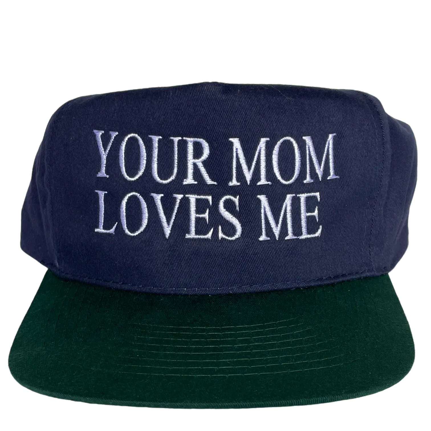 YOUR MOM LOVES ME Vintage Blue Crown Green Brim Strapback Cap Hat Humor Funny Custom Embroidered